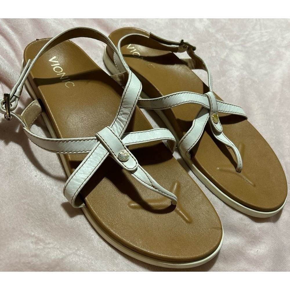 Vionic Women's Palm Veranda Leather Thong Sandals in White, Size 11